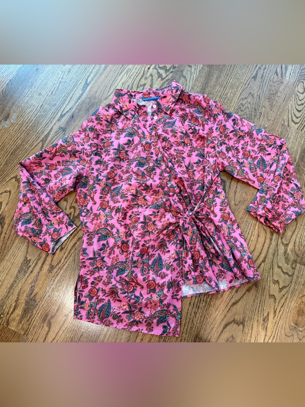 Ro's Garden pink red floral print tie-side cotton button-down blouse sizs Large